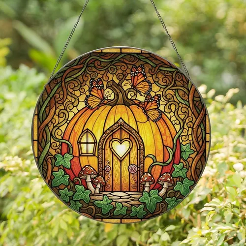 Enchanted Forest Fans' Tiffany-Style Pumpkin House, Monarch Butterflies & Vine Mosaic Art Stained Glass Suncatcher