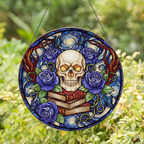 Artistic Souls' Ornate Tiffany Style Stained Glass Skull Golden Eyes Purple Roses Cosmic Swirls Stained Glass Suncatcher