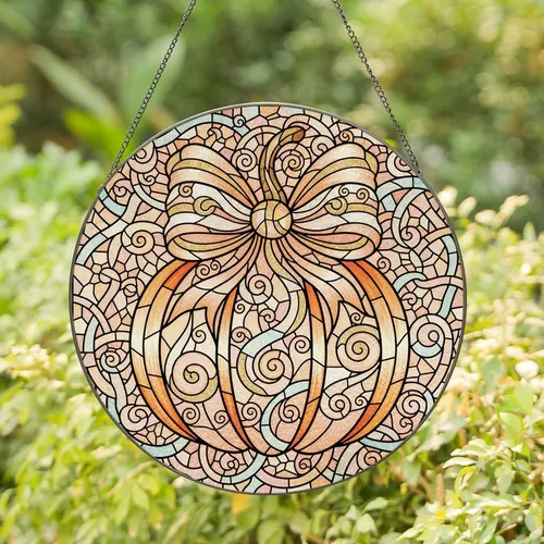Art Lovers' Tiffany Stained Glass Whimsical Pumpkin Iridescent Peach Aqua Gold Mosaic Swirls Stained Glass Suncatcher