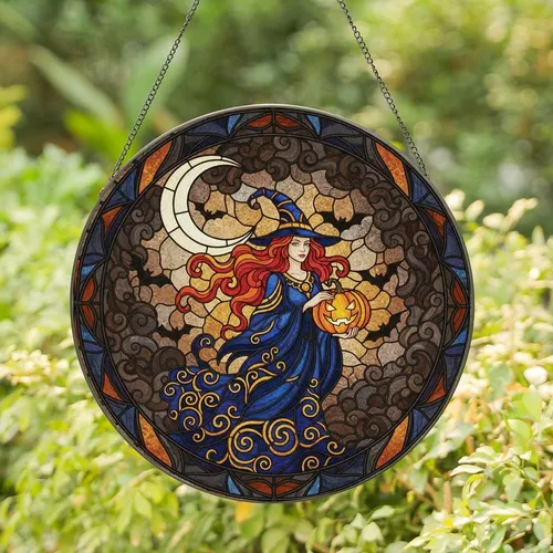 Mystical Art Admirers' Full Frame Stained Glass Witch, Fiery Red Hair, Glowing Jack-o'-lantern, Jewel Tone Mosaic Stained Glass Suncatcher