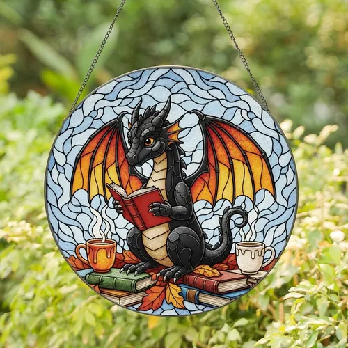 Fantasy Book Lovers' Jewel Tone Stained Glass Dragon Reading, Fiery Wings, Autumn Leaves Mosaic Stained Glass Suncatcher