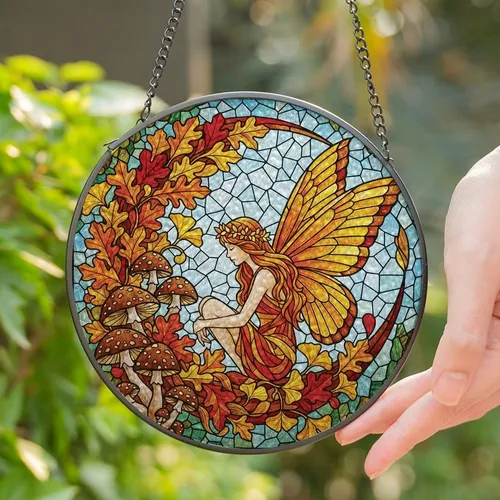 Fantasy Art Lovers' Tiffany Stained Glass Fairy Autumn Forest Crescent Moon Amber Jewel Tone Design Stained Glass Suncatcher