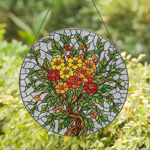 Nature Lovers' Tiffany Stained Glass Floral Mosaic Yellow Orange Green Jewel Tone Botanical Art Stained Glass Suncatcher