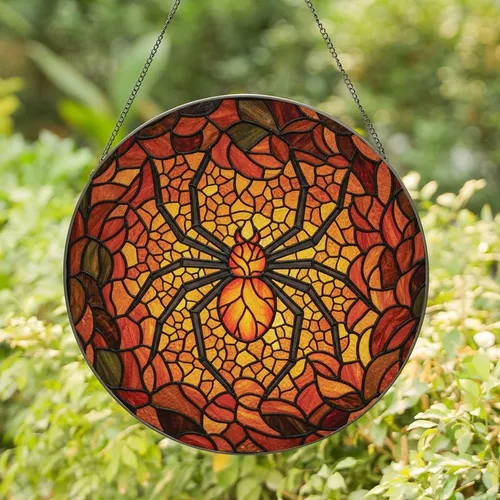 Gothic Art Lovers' Fiery Orange Amber Stained Glass Spider Web Mosaic Art Stained Glass Suncatcher