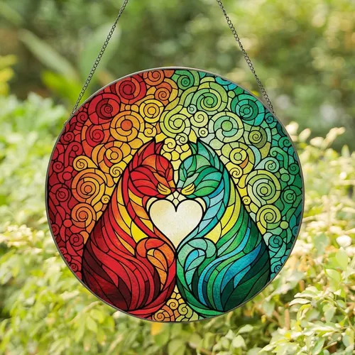 Cat Lovers' Vibrant Stained Glass Tiffany Cats Heart Embrace Jewel Tone Red Orange Blue Green Mosaic Stained Glass Suncatcher