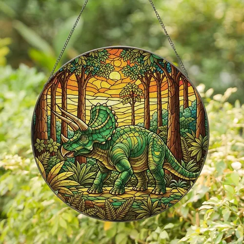 Dinosaur Lovers' Majestic Stained Glass Triceratops Prehistoric Jungle Emerald Golden Amber Tiffany Art Stained Glass Suncatcher