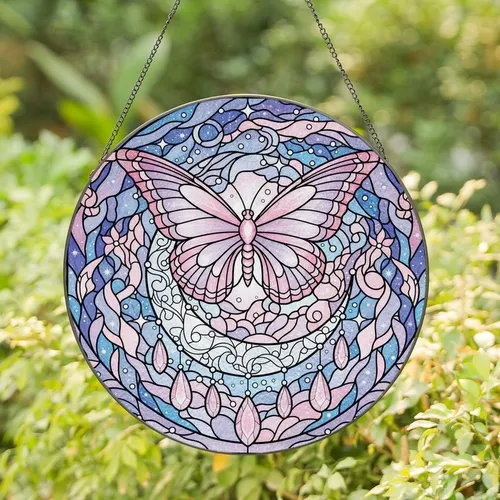 Women's Intricate Tiffany Stained Glass Butterfly Crescent Moon Celestial Pink Lavender Art Stained Glass Suncatcher
