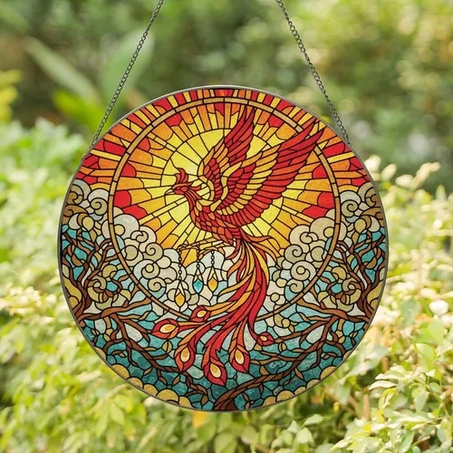 Mythology Lovers' Tiffany Style Stained Glass Phoenix Fiery Jewel Tone Sunburst Mosaic with Intricate Lead Lines Stained Glass Suncatcher