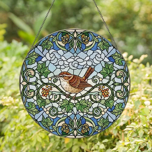 Nature Lovers' Detailed Tiffany Stained Glass Wren Bird Emerald Ivy Amber Berry Mosaic Stained Glass Suncatcher