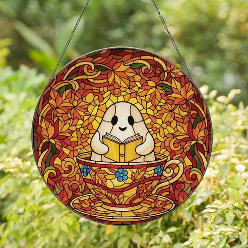 Whimsical Fall Art Lover's Vibrant Tiffany Glass Cute Ghost Teacup Reading Autumn Leaf Mosaic Stained Glass Suncatcher