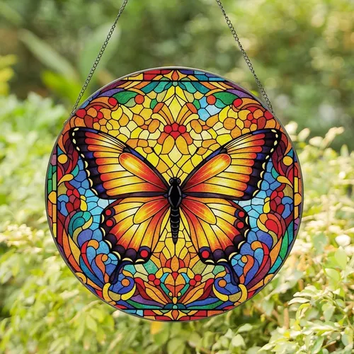 Art Lovers' Opulent Stained Glass Butterfly, Vibrant Jewel Tone Floral Mosaic Sky Pattern Stained Glass Suncatcher