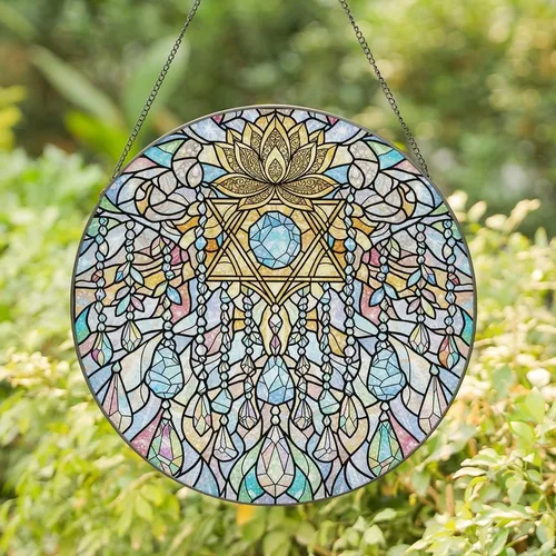 Spiritual Art Lovers' Vibrant Tiffany Stained Glass Golden Lotus Blue Crystal Iridescent Celestial Mosaic Stained Glass Suncatcher