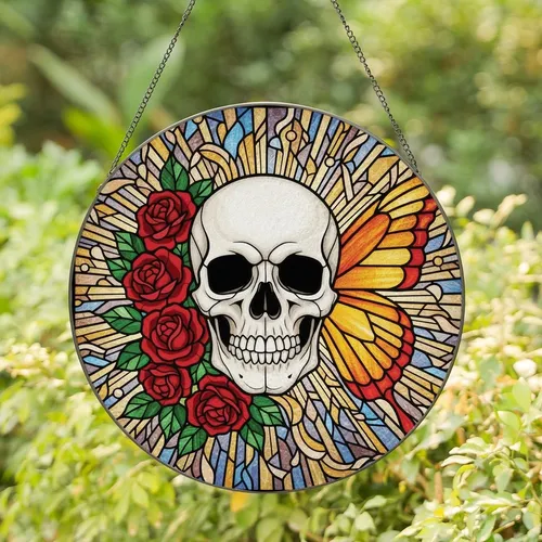 Art Lovers' Tiffany Style Stained Glass Skull Red Roses Orange Butterfly Swirling Mosaic Black Lead Lines Stained Glass Suncatcher