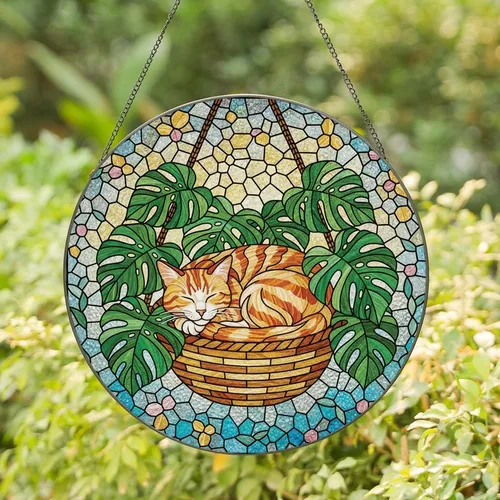 Cat Lovers' Vibrant Tiffany Stained Glass Sleeping Tabby Cat Emerald Philodendron Mosaic Stained Glass Suncatcher