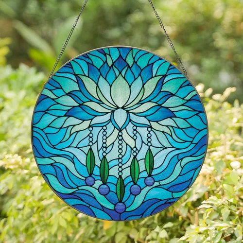 Nature & Art Lovers' Vibrant Tiffany Stained Glass Lotus Aquatic Mosaic Teal Blue Green Stained Glass Suncatcher