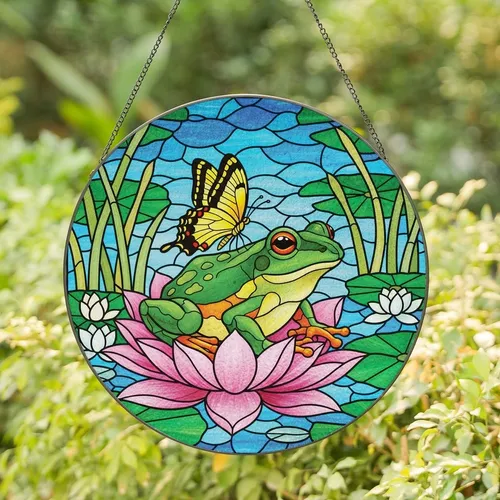 Nature Lovers' Tiffany Style Vibrant Stained Glass Frog Lotus Butterfly Aquatic Mosaic Stained Glass Suncatcher