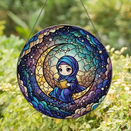 Celestial Art Lovers' Tiffany Stained Glass Chibi Reader Blue Violet Gold Moon Stained Glass Suncatcher