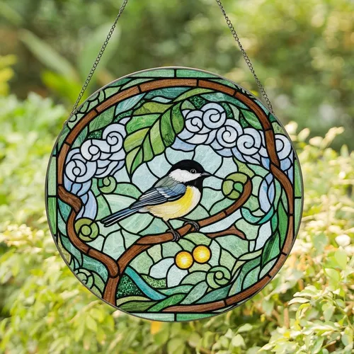 Art Lovers' Vibrant Intricate Tiffany Style Stained Glass Chickadee Black Lead Lines Mosaic Stained Glass Suncatcher