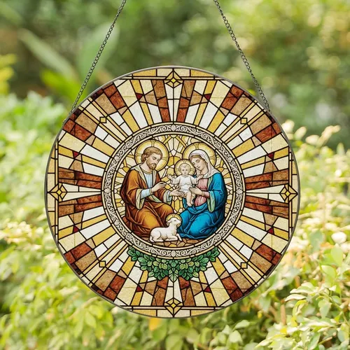 Devotional Art Lovers' Tiffany Style Holy Family Rich Jewel Tone Celestial Mosaic Stained Glass Suncatcher