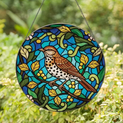 Nature Lovers' Tiffany Stained Glass Speckled Thrush Bird Amber Brown Golden Yellow Jewel Tone Mosaic Art Stained Glass Suncatcher