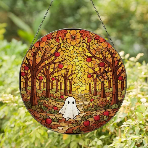 Autumn Enthusiasts' Vibrant Stained Glass Orchard with Whimsical Ghost & Fall Jewel Tones Stained Glass Suncatcher