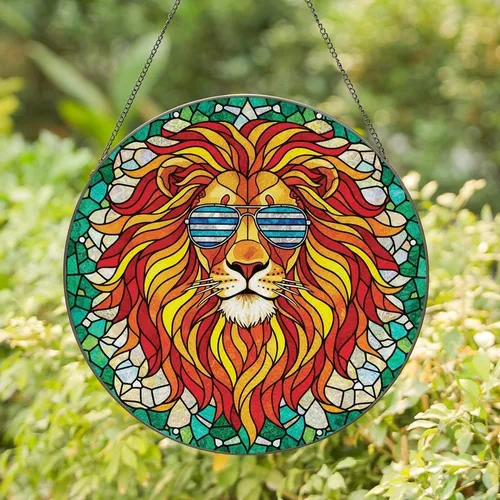 Art Lovers' Stylized Lion Head Aviator Sunglasses Tiffany Stained Glass Jewel Tone Intricate Geometric Mosaic Pattern Stained Glass Suncatcher