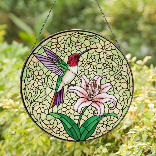 Nature Lovers' Stained Glass Hummingbird Pink Lily Magenta Green Purple Orange Jewel Tone Ethereal Garden Mosaic Stained Glass Suncatcher