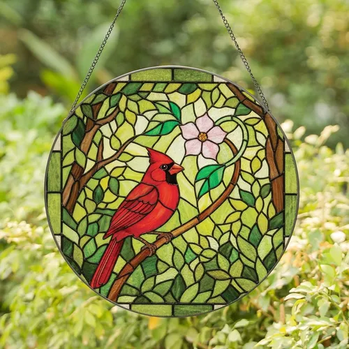 Nature Lovers' Vibrant Red Cardinal Stained Glass Art, Tiffany Style Floral Mosaic with Lush Spring Foliage Stained Glass Suncatcher
