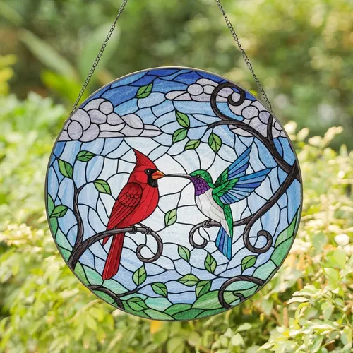 Nature Lovers' Edge-to-Edge Jewel Tone Cardinal Hummingbird Tiffany Glass Art Mosaic Stained Glass Suncatcher