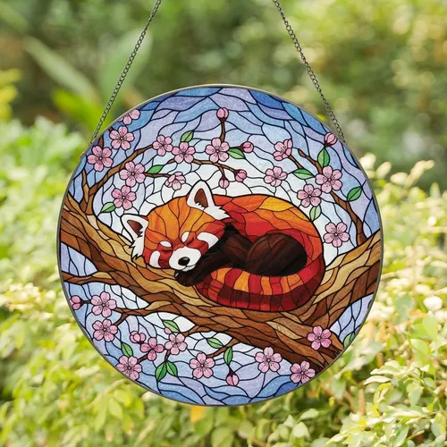 Red Panda Fans' Intricate Tiffany Style Stained Glass Cherry Blossom Pattern Stained Glass Suncatcher