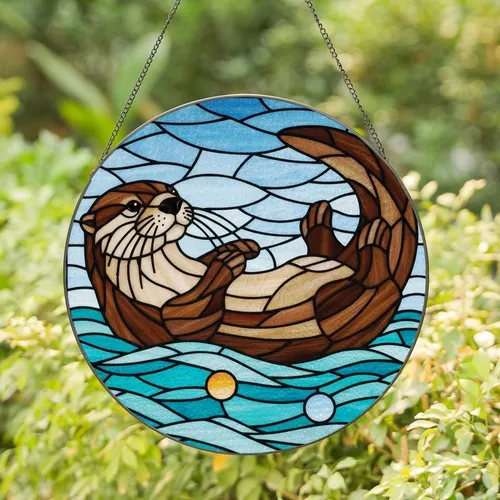 Nature Lovers' Vibrant Jewel Tone Stained Glass Otter Mosaic, Flowing Water & Geometric Sky Stained Glass Suncatcher