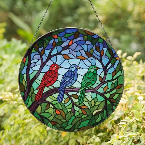 Nature Lovers' Intricate Stained Glass Mosaic Birds Jewel Tone Full-Frame Art Stained Glass Suncatcher