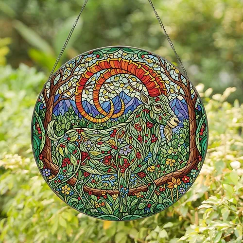 Nature Lovers' Majestic Stained Glass Mountain Goat Ibex Floral Emerald Ruby Gold Botanical Forest Mosaic Art Stained Glass Suncatcher