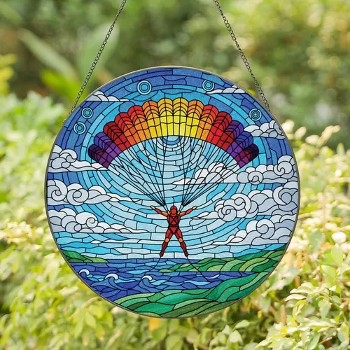Adventure Seekers' Vivid Stained Glass Skydiver Rainbow Parachute Intricate Jewel Tone Mosaic Stained Glass Suncatcher