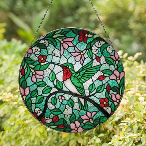 Nature Lovers' Intricate Stained Glass Hummingbird Tiffany Style Jewel Tone Garden Mosaic Pattern Stained Glass Suncatcher