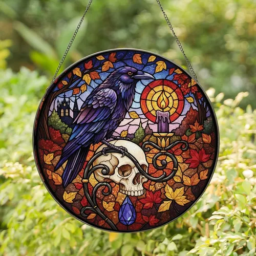 Gothic Art Lovers' Intricate Tiffany Stained Glass Raven Skull Amber Purple Jewel Tones Stained Glass Suncatcher