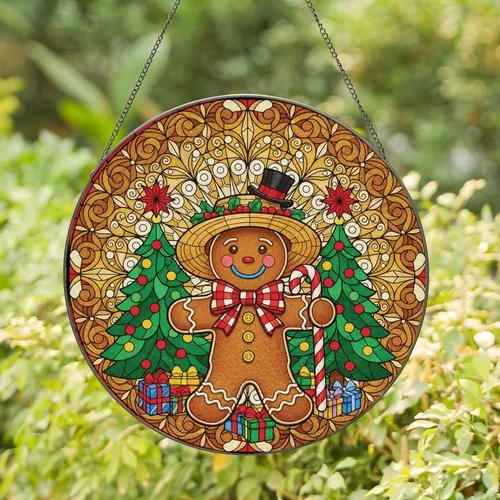 Holiday Enthusiasts' Cheerful Gingerbread Man Tiffany Stained Glass Festive Christmas Scene Straw Hat Jewel Tones Stained Glass Suncatcher