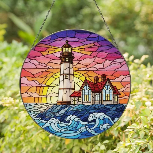 Coastal Lovers' Tiffany Style Stained Glass Lighthouse Sunset Ocean Mosaic Art Stained Glass Suncatcher