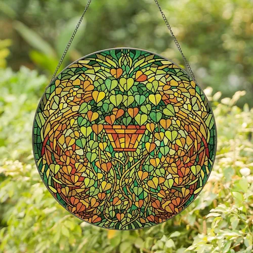 Botanical Art Lovers' Tiffany Stained Glass Emerald Amber Heart Leaf Vine Mosaic Stained Glass Suncatcher