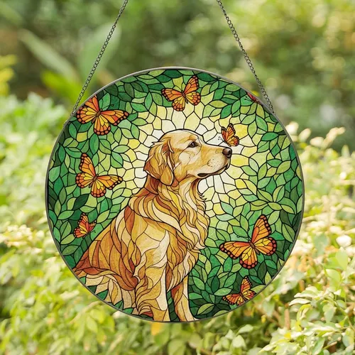 Golden Retriever Lovers Tiffany Stained Glass Golden Retriever Butterfly Amber Green Foliage Mosaic Stained Glass Suncatcher
