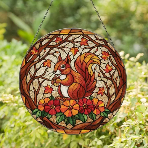 Wildlife Admirers' Jewel Tone Tiffany Stained Glass Squirrel Acorn Autumn Floral Mosaic Art Stained Glass Suncatcher
