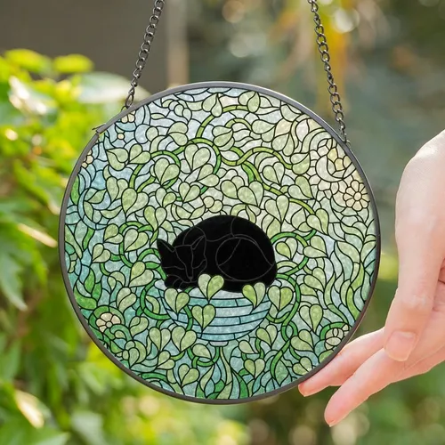 Cat Lovers' Tiffany Style Sleeping Black Cat, Lush Emerald Heart Leaves, Teal Planter & Sunlit Aqua Mosaic Stained Glass Suncatcher