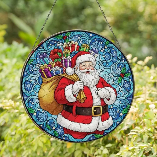 Holiday Enthusiasts' Stained Glass Santa Gold Gift Sack Jewel Tone Mosaic Art Stained Glass Suncatcher