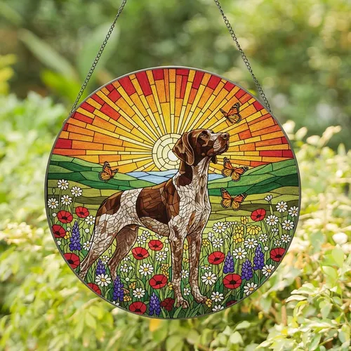 German Shorthaired Pointer Lovers' Stained Glass Dog, Monarchs & Wildflowers, Jewel Tones, Sunburst Mosaic Art Stained Glass Suncatcher