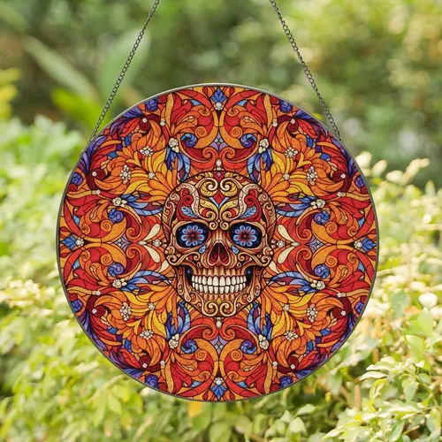 Unique Aesthetic Seekers' Tiffany Stained Glass Skull Floral Mandala Jewel-Tone Mosaic Stained Glass Suncatcher