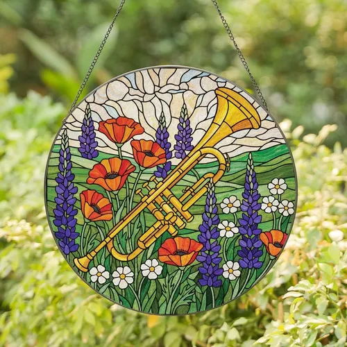 Art & Music Lovers' Golden Trumpet Tiffany Style Stained Glass Poppies Lupines Landscape Stained Glass Suncatcher