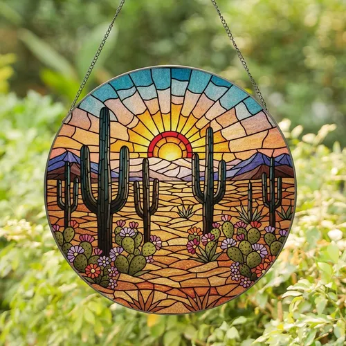 Nature Lovers' Intricate Stained Glass Desert Mosaic Art Saguaro Cactus Fiery Orange & Teal Jewel Tones Stained Glass Suncatcher