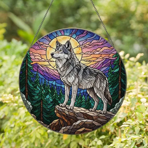 Nature Enthusiasts' Detailed Stained Glass Grey Wolf Mystical Forest Teal Blue Amber Purple Stained Glass Suncatcher