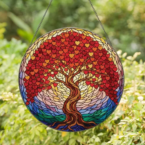 Art Lovers' Intricate Stained Glass Tree of Life Tiffany Style Heart Leaves Jewel Tone Reds Purples Stained Glass Suncatcher