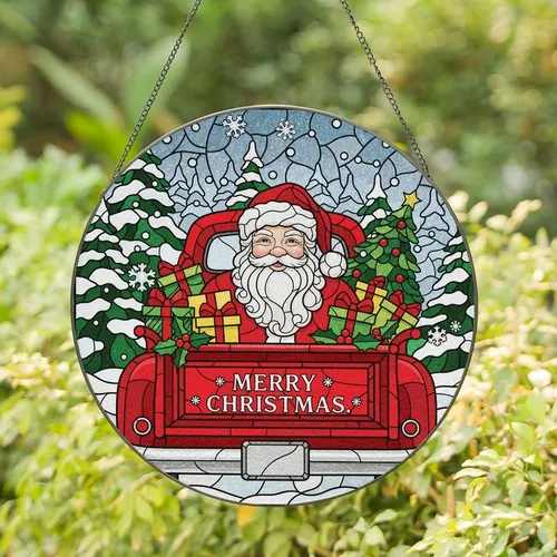 Christmas Lovers' Vibrant Tiffany Stained Glass Santa Red Truck Christmas Gifts Winter Wonderland Stained Glass Suncatcher
